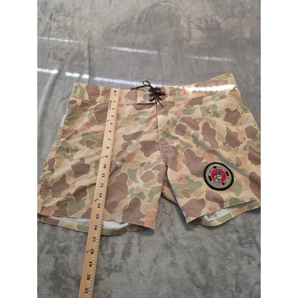 Birdwell Beach Britches Board Shorts Mens 38 Tan USMC Frogskin Camo Patch